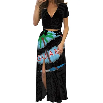 Black Polynézia Tonga Palmových Listov Tlač Dvoch-Dielny Split Šaty, Krátky Rukáv dámske Oblečenie Letné Žien Low-Cut Maxi Šaty
