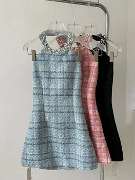 Francúzsky Luxus, Lištovanie Malé Vôňa Tweed Šaty Pre Ženy 2023 Lete Kórejský Hotsweet Štíhly Pás Koberčeky Mini Party Šaty