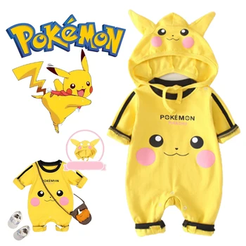 Pokémon Pikachu Deti Remienky Baby Chlapci, Dievčatá Zime Jar Oblečenie Anime Roztomilý Dlhý Rukáv Jumpsuit Kostým Dieťa Onesies Kapucňou